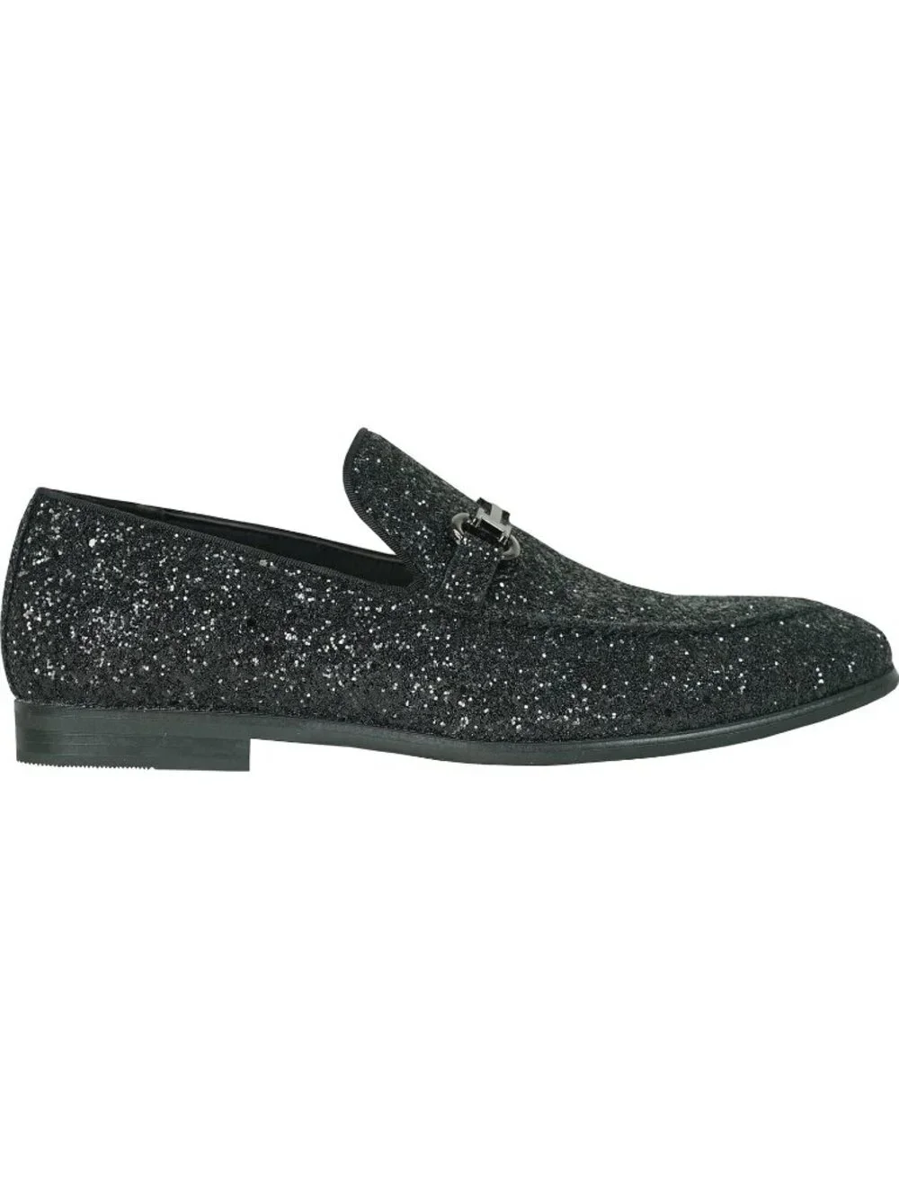 Men's Black Glitter Loafers Metal Buckle Cap Toe Metallic Slip On Party Shoes